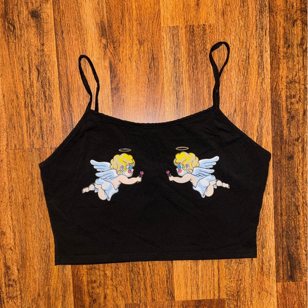 Womens Black Angel Cherub Graphic Cami Crop Top Spaghetti Strap Y2K Style